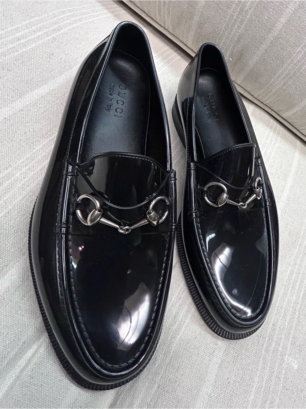 Gucci Black Patent Leather Horsebit Slip-On Loafers